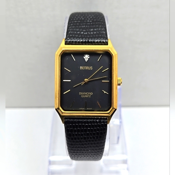 Benrus Diamond Quartz Gold Tone Black Dial Watch New Battery Vintage Leather - Picture 1 of 11